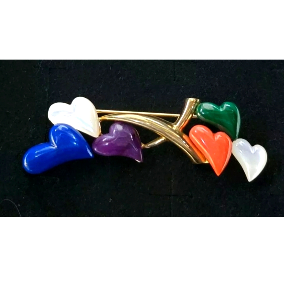Asch Grossbardt 14k Gold Heart Brooch Coral Lapis Sugilite Malachite Mop Estate 1000$